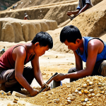 **

A bustling gemstone mine in Myanmar. Workers, some using hand tools, others modern machinery, are extracting gems from the earth under a hot sun. Focus on the colors of the raw gems and the expressions of hope and labor on the workers' faces. The overall feel is one of both hardship and potential wealth.

**