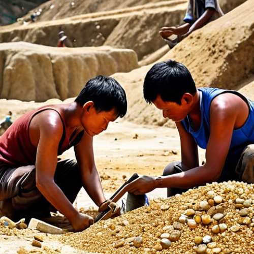 Home 4 **
A bustling gemstone mine in Myanmar. Workers, some using hand tools, others modern machinery, are extracting gems from the earth under a hot sun. Focus on the colors of the raw gems and the expressions of hope and labor on the workers' faces. The overall feel is one of both hardship and potential wealth.
**