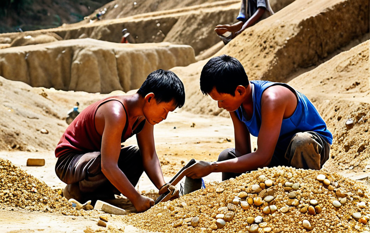 **

A bustling gemstone mine in Myanmar. Workers, some using hand tools, others modern machinery, are extracting gems from the earth under a hot sun. Focus on the colors of the raw gems and the expressions of hope and labor on the workers' faces. The overall feel is one of both hardship and potential wealth.

**